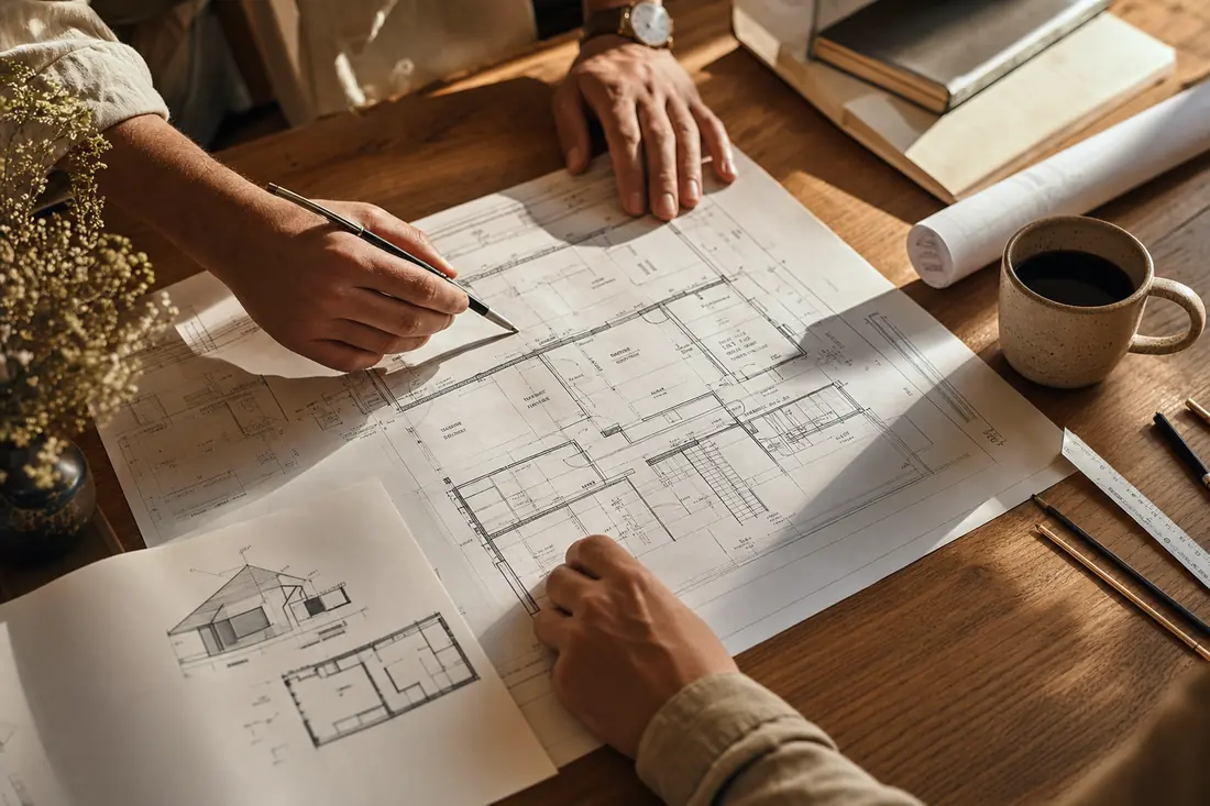 Hands reviewing architectural blueprints and floor plans on a wooden table