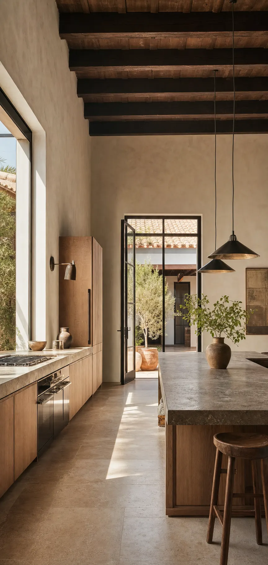 Renovated Spanish kitchen with floor-to-ceiling windows and wood-beam ceiling