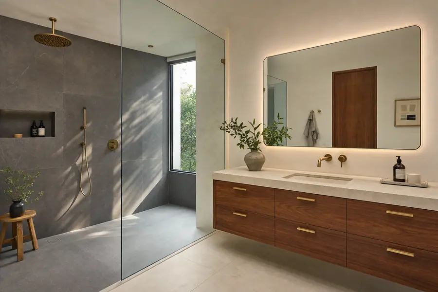 Renovated modern bathroom with stone shower and wood vanity